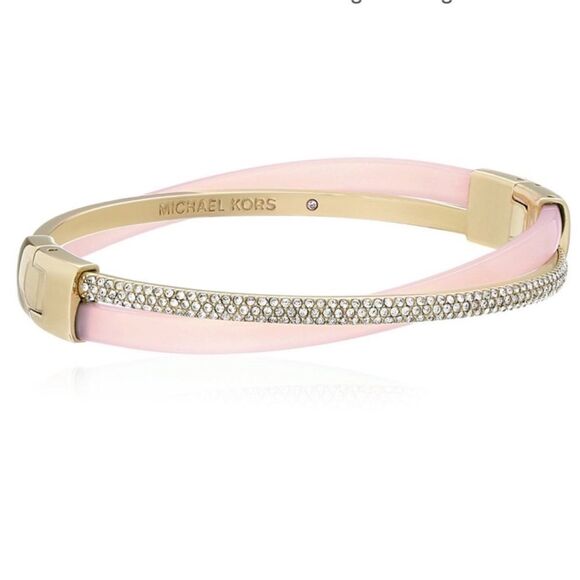 MICHAEL KORS Pink Acetate Pavé Gold-Tone Blush Bangle Bracelet! - Picture 1 of 5